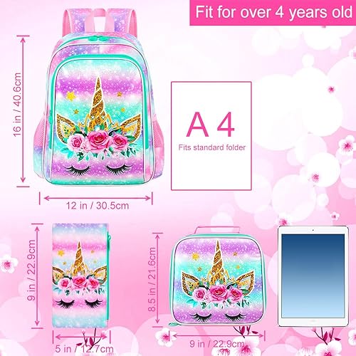 Miniatura 3 de WZLVO Mochila de unicornio de 3 piezas para niñas, 16 pulgadas, mochila preescolar con lonchera, resistente al agua, juego de mochilas escolares