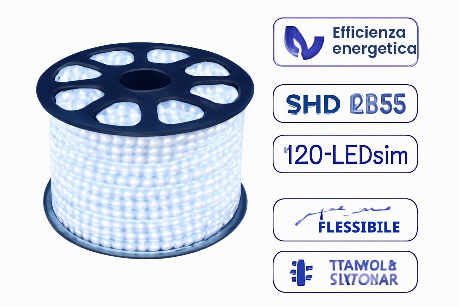 Generico Striscia LED 220V 100 Metri – LED Strip 6500K Bianco Freddo SMD 5050 – Flessibile Interno Esterno IP65 – Bobina con 10 Spine Incluse – Illuminazione Decorativa a Basso Consumo