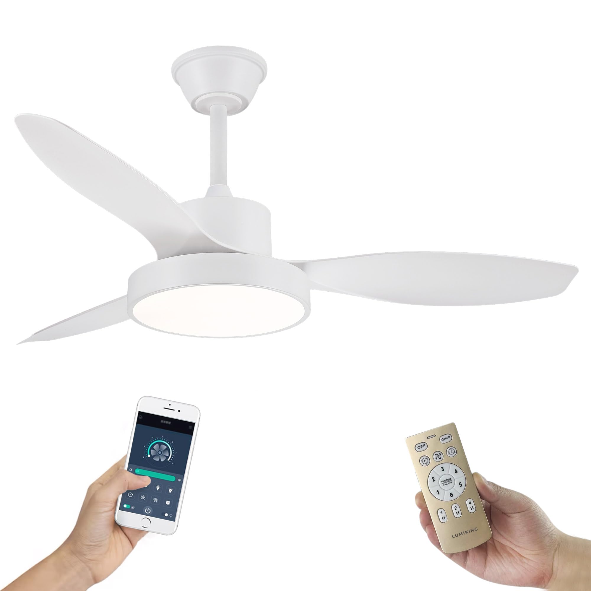 Ventilador de Techo con Luz LED y Aspas Reversibles - Diseño Premium, Silencioso con Mando a Distancia y Temporizador - Funcion Verano e Invierno y 3 Temperaturas de Luz LED (Blanco, L (120 cm))