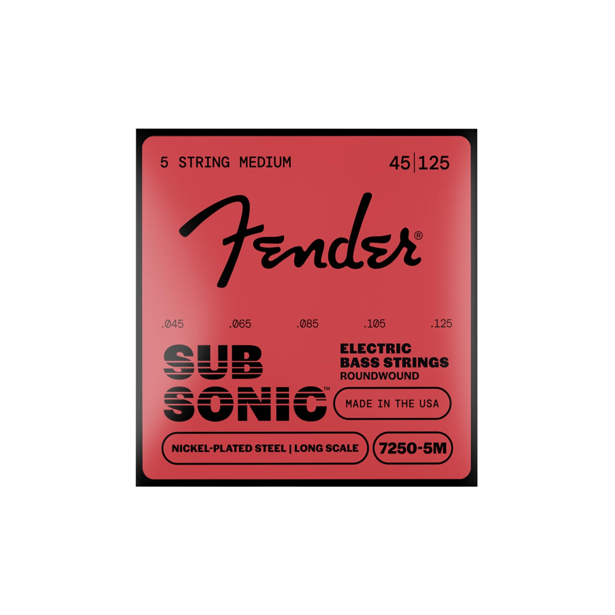 Fender 7250 Bass Strings, Nickel Plated Steel, Long Scale, 7250-5M .045-.125 Gauges, (5)
