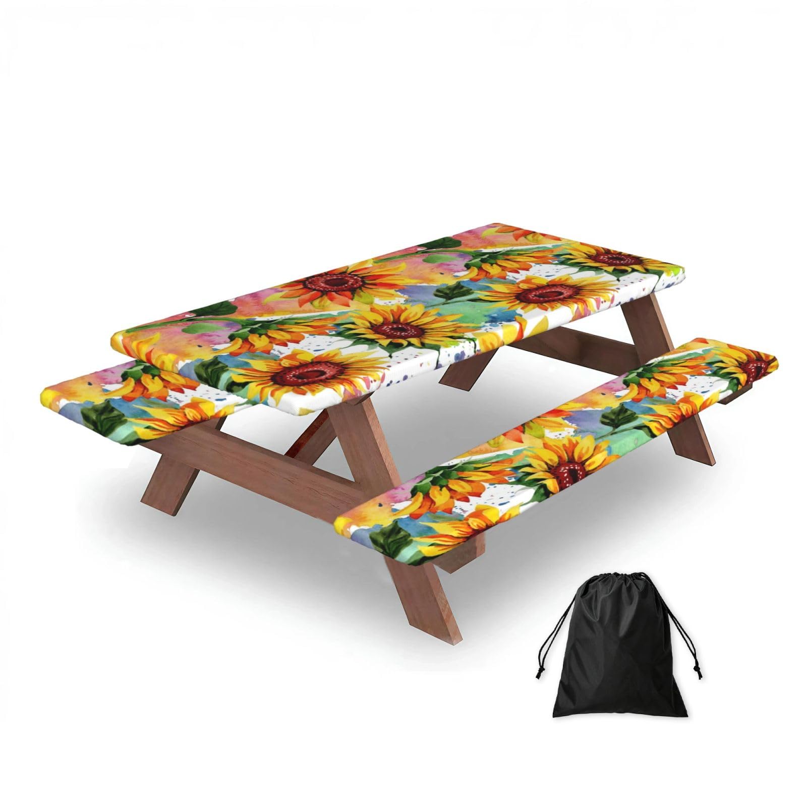 Dopklna As Picture Colorful Sunflower, Picnic Table Cover With Bench Covers -Waterproof Elastic Fitted Tablecloth For Garden Camping Patio 76X152cm