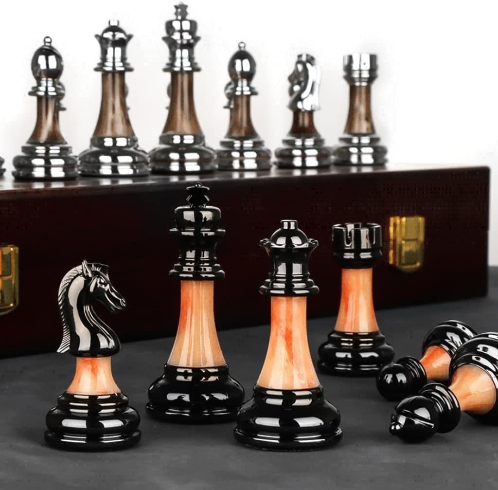 Scacchi Set di Scacchi in Metallo in Legno con Scacchiera Pieghevole in Legno Massello E Pezzi degli Scacchi in Finta Giada Partita Chess