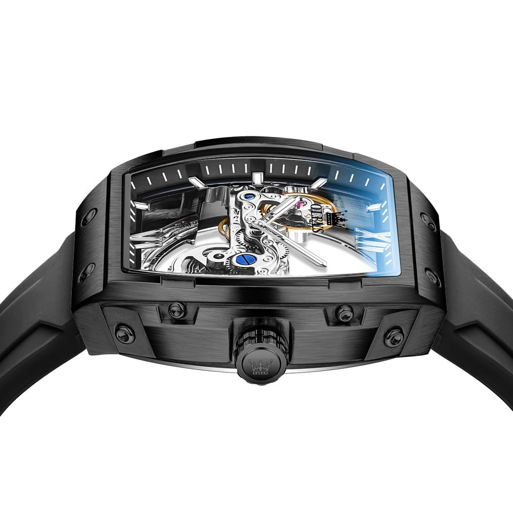 OLEVS Herren-Armbanduhr, modisch, analog, Mechanische Silikon-Uhrenarmband für Herren, rechteckig, großes Zifferblatt, wasserdicht, Militäruhr,Skelettzifferblatt