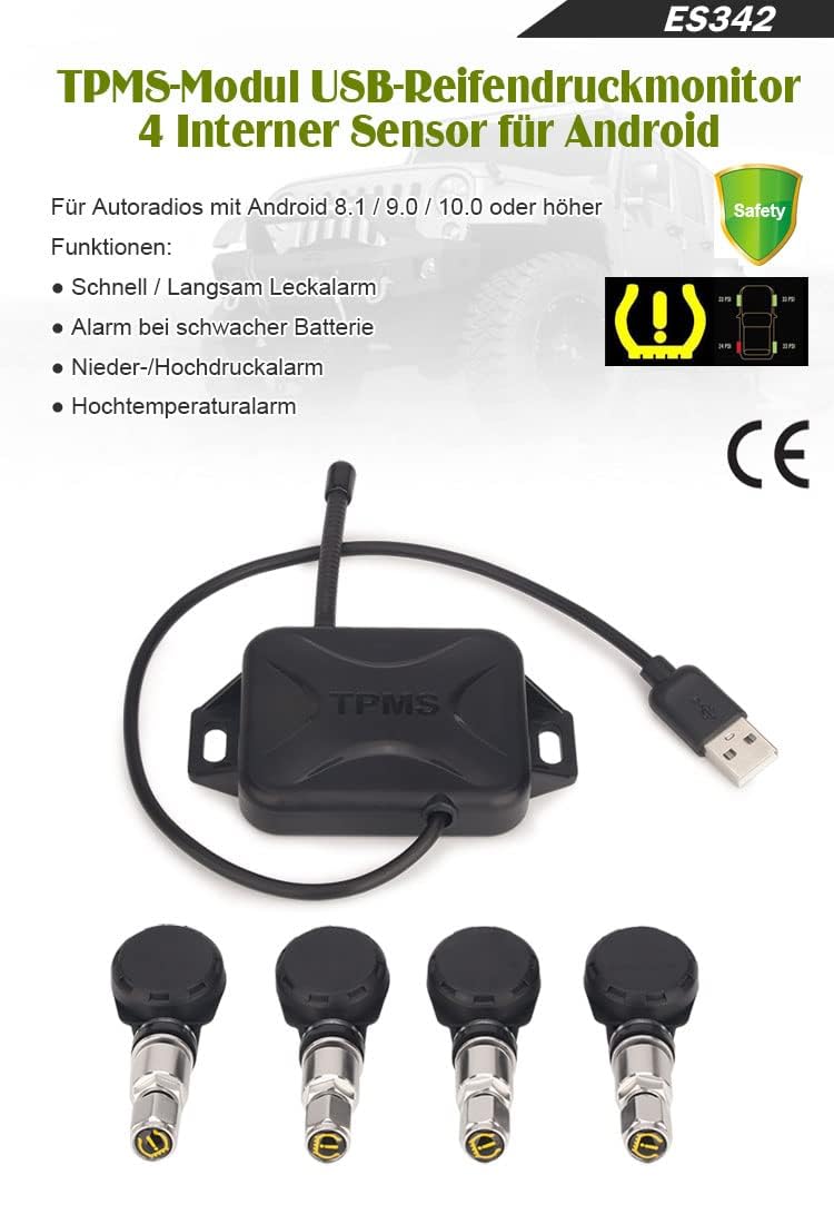 TPMS Moduły czujnik ciśnienia w oponach z 4 wewnętrznymi czujnikami, wyświetlaczem, monitorowanie ciśnienia w oponach, USB, uniwersalny do radia samochodowego z systemem Android 8.1+ ES342