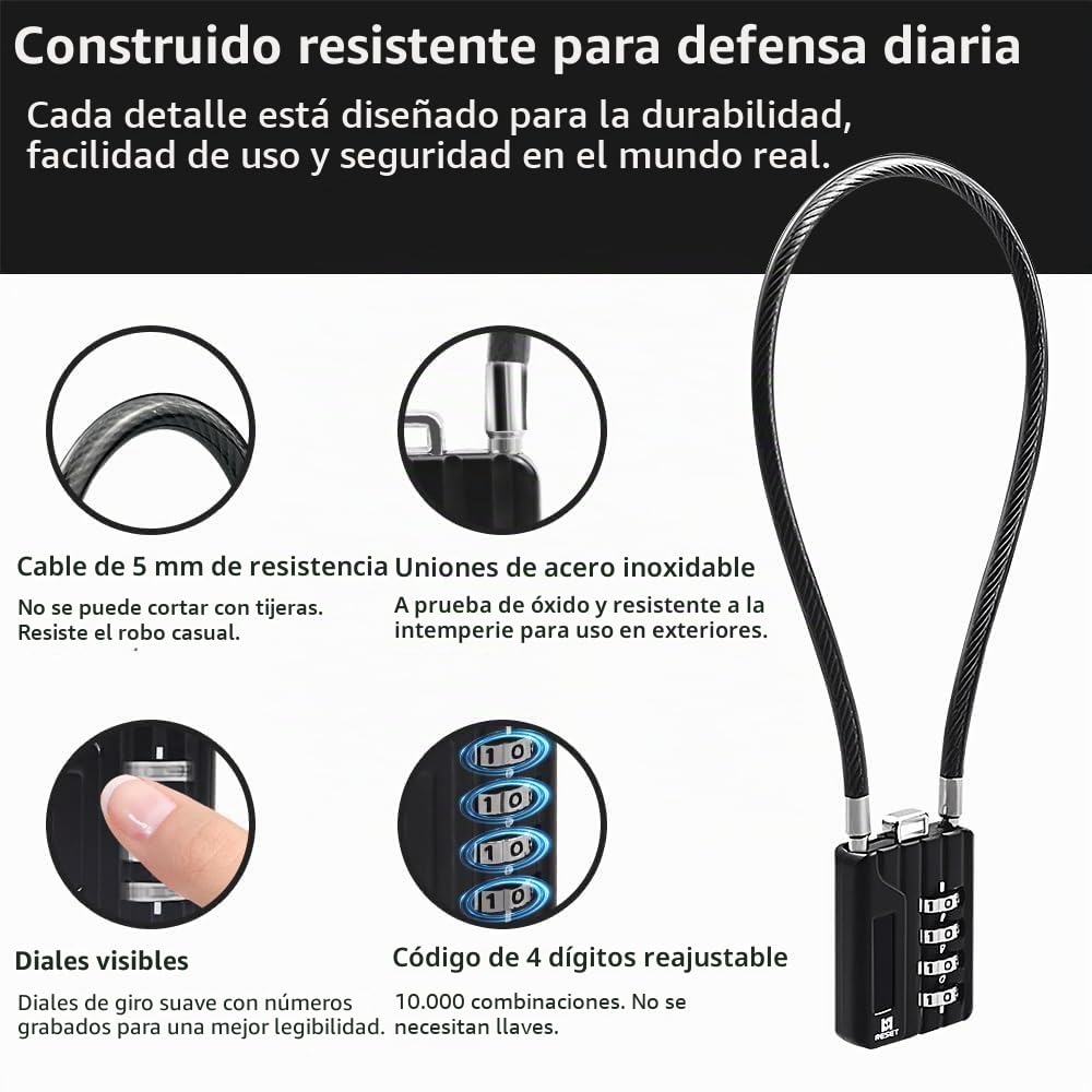 RESET-204 candado de cable flexible de 30 cm con combinación de 4 dígitos, candado largo para cubo de basura, taquilla, equipaje, maleta, casco y armero, diámetro 5 mm, negro, 2 unidad