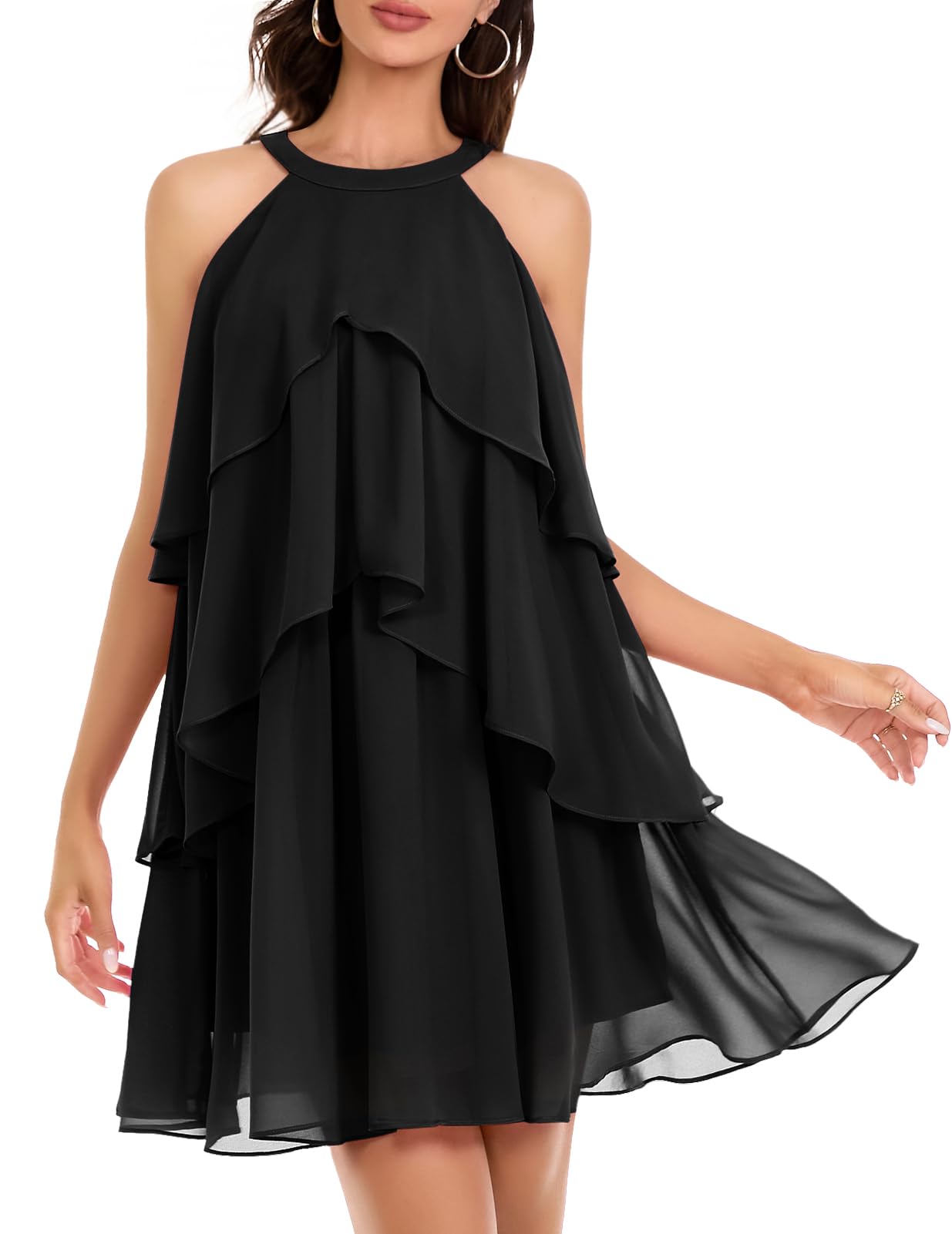 DRESSTELLS Women's Cocktail Dress for Formal Wedding Guest, 2025 Homecoming Prom Party Aline Short Evening Club Halter Ruffle Tiered Dresses Black XL