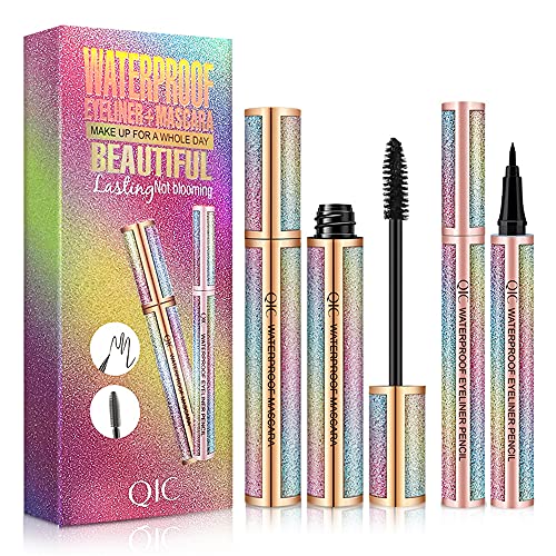 4D Silk Fiber Lash Mascara & Eyeliner Set, Long-lasting Extension Thick Natural Voluminous Mascara, Natural Waterproof Smudge-Proof Liquid Eye Liner, Black
