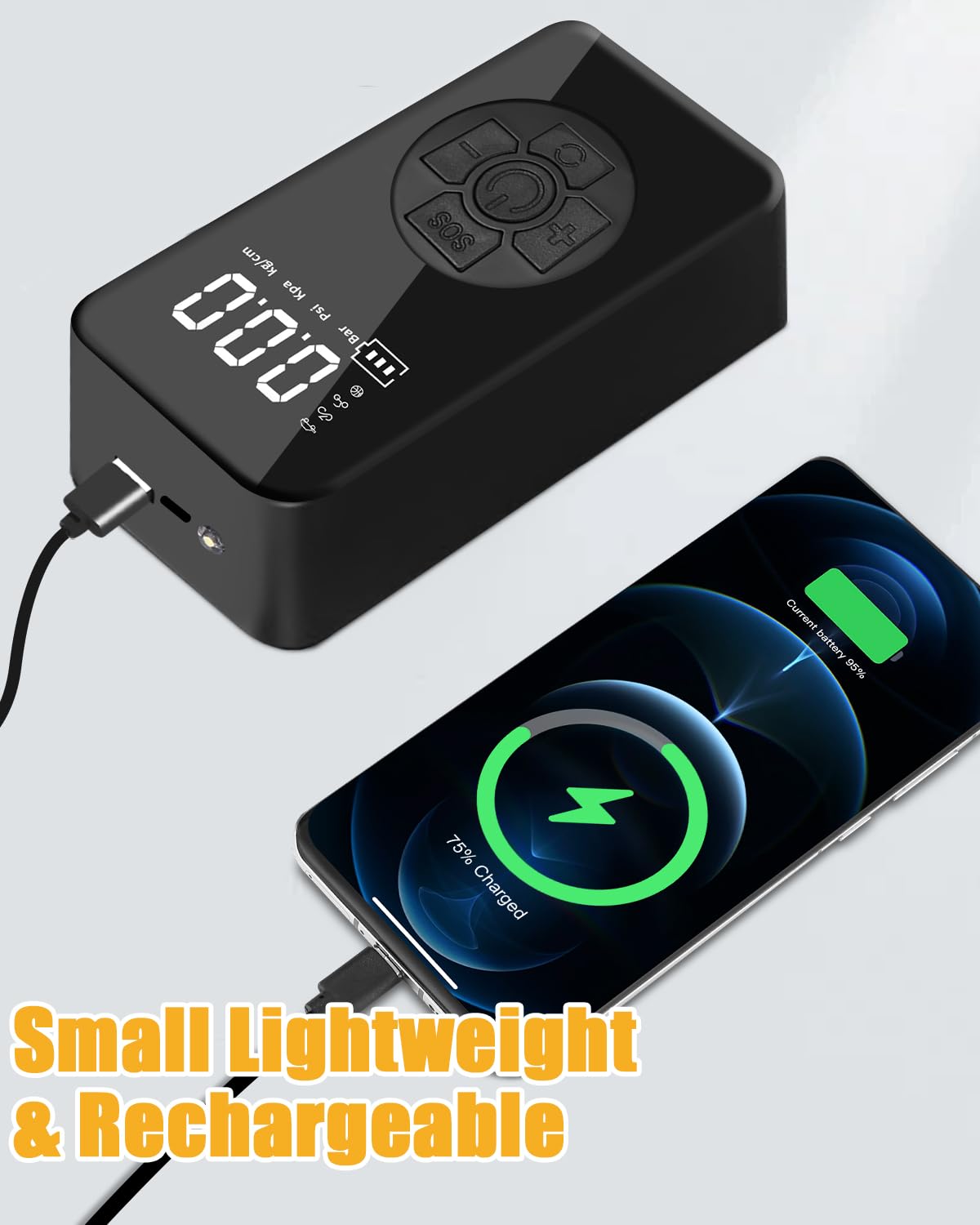 Compresseur à Air Portatif, Gonfleur Pneus Voiture 2 * 1800mAh, 150PSI Pompe à Air Électrique, Type-C USB Charge, 4 Modes, Mini Gonfleur Electrique Rechargeable pour Vélo Moto Scoote Balle, Noir