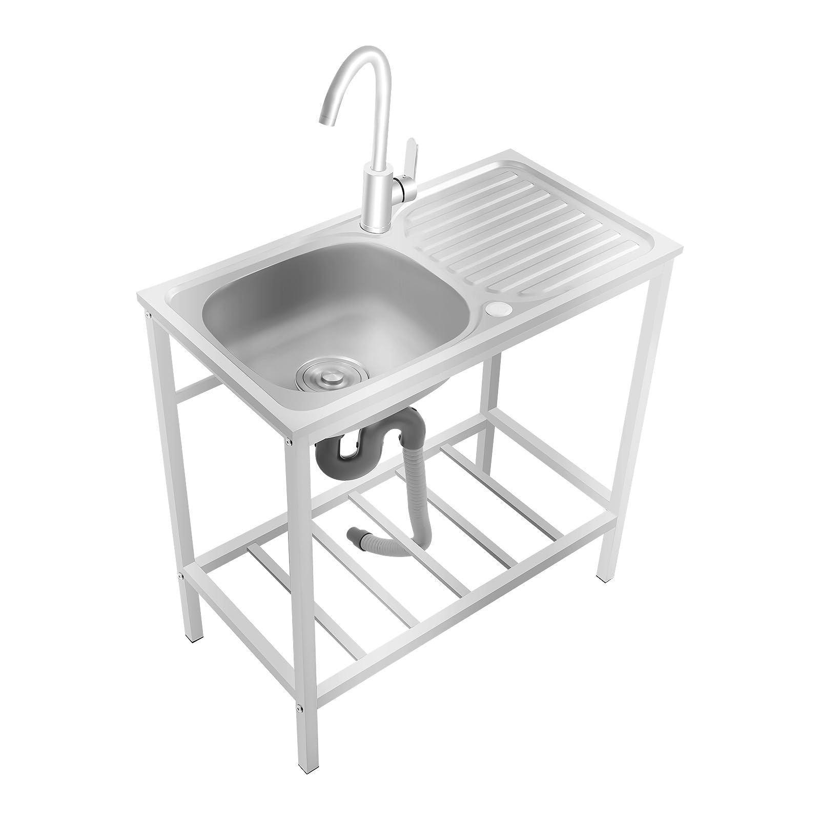 Freestanding Stainless Steel Sink with Tap - 75 x 40 x 75 cm, 30 kg Load Capacity - 360° Rotatable Rectangular with Shelf for Bathroom