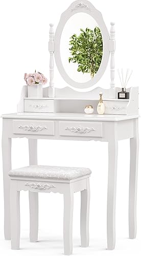 Juego de tocador de maquillaje para niñas con espejo y taburete, pequeña mesa blanca con silla y espejo (tocador blanco)