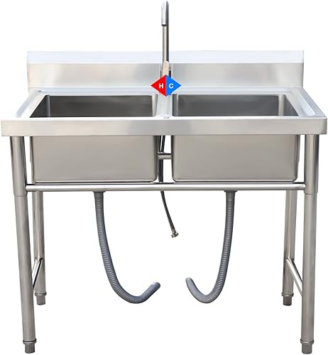 DuyviSteil - Fregadero multifunción de acero inoxidable para cocina comercial y al aire libre, fregadero doble o uso en restaurante (40 x 24 x 32