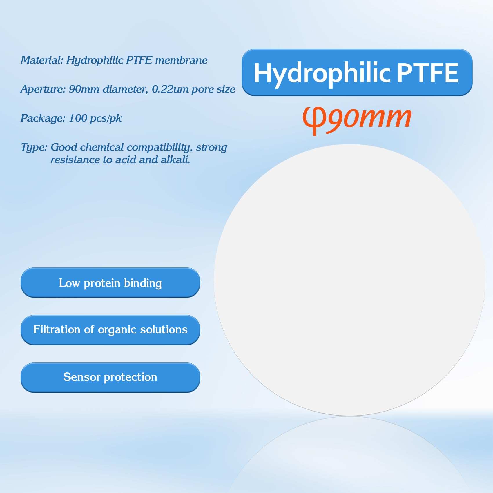 90mm PTFE-Membranfilter Hydrophile Membran 0,22 µm. 100Stück/Stück.