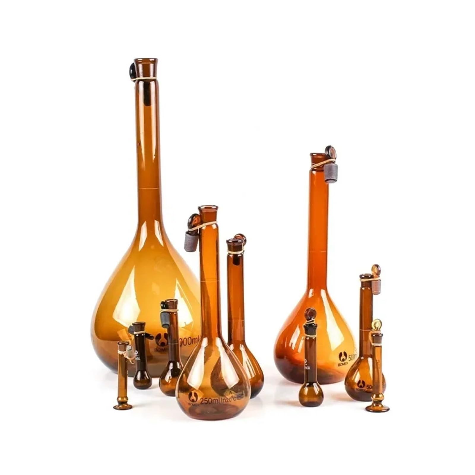 Matraz volumétrico de laboratorio de vidrio borosilicato clase A, marrón, con tapón, 1 unidad, 1/2/5/10/25/50/100/200/500/1000 ml(500ml)