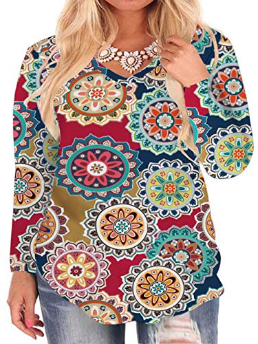 ROSRISS Womens Plus Size Shirts Floral Print V Neck Tunic Tops F 16W