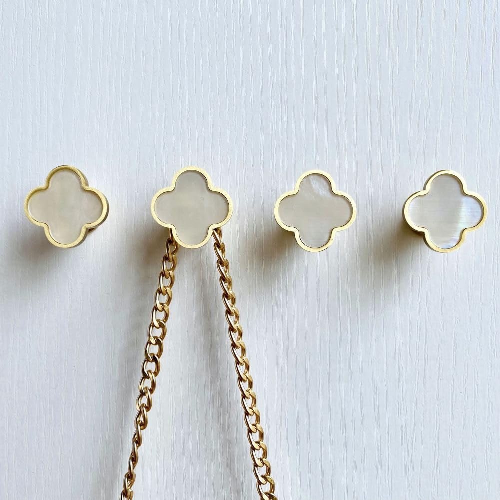 Gancio decorativo da parete in ottone massiccio, ganci a vite per appendere cappotti, zaini e borse, ganci da parete dorati champagne (confezione da 4, bianco conchiglia)