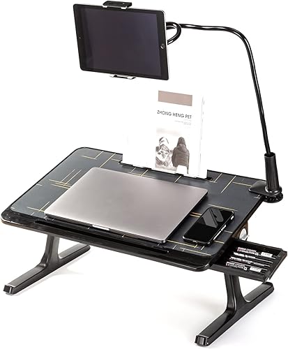 DINVES Escritorio de cama para laptop con cajón de almacenamiento mesa plegable para laptop con soporte adicional para teléfono bandeja de soporte