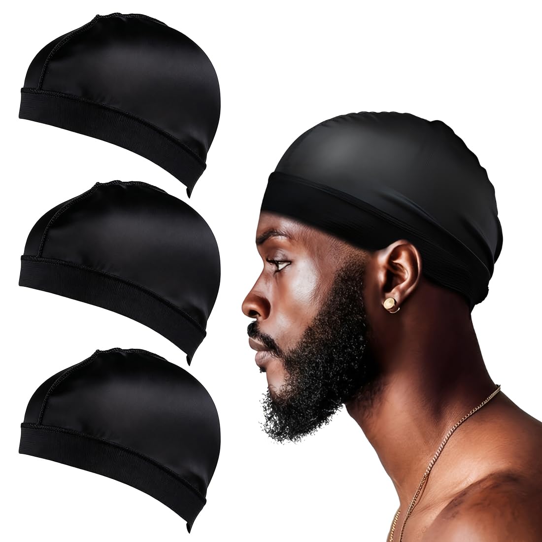 3 pièces Wave Caps en satin soyeux avec bande élastique, Durag et bonnet pour dormir et douche, satin homme, schlafmütze herren, duschhaube herren, seide, kopftuch herren (Tour de tête: 52 cm)