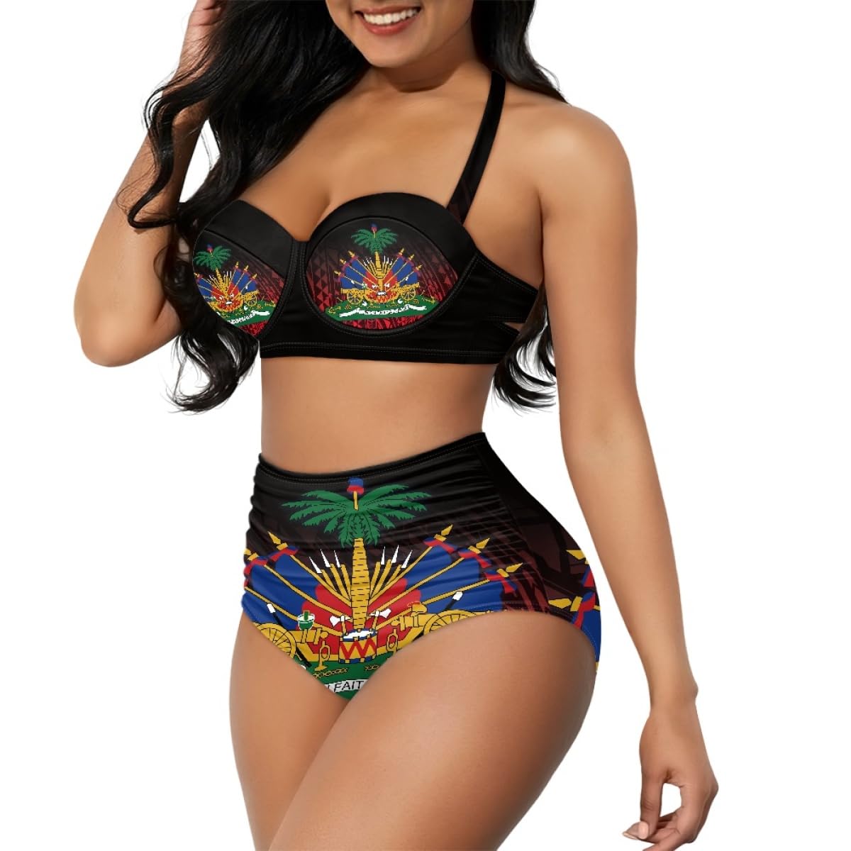 GLUDEAR Women Haitian Flag Print High Waisted Bikini Set Two Piece Tummy Control Vintage Swimsuit Halter Bathing Suit