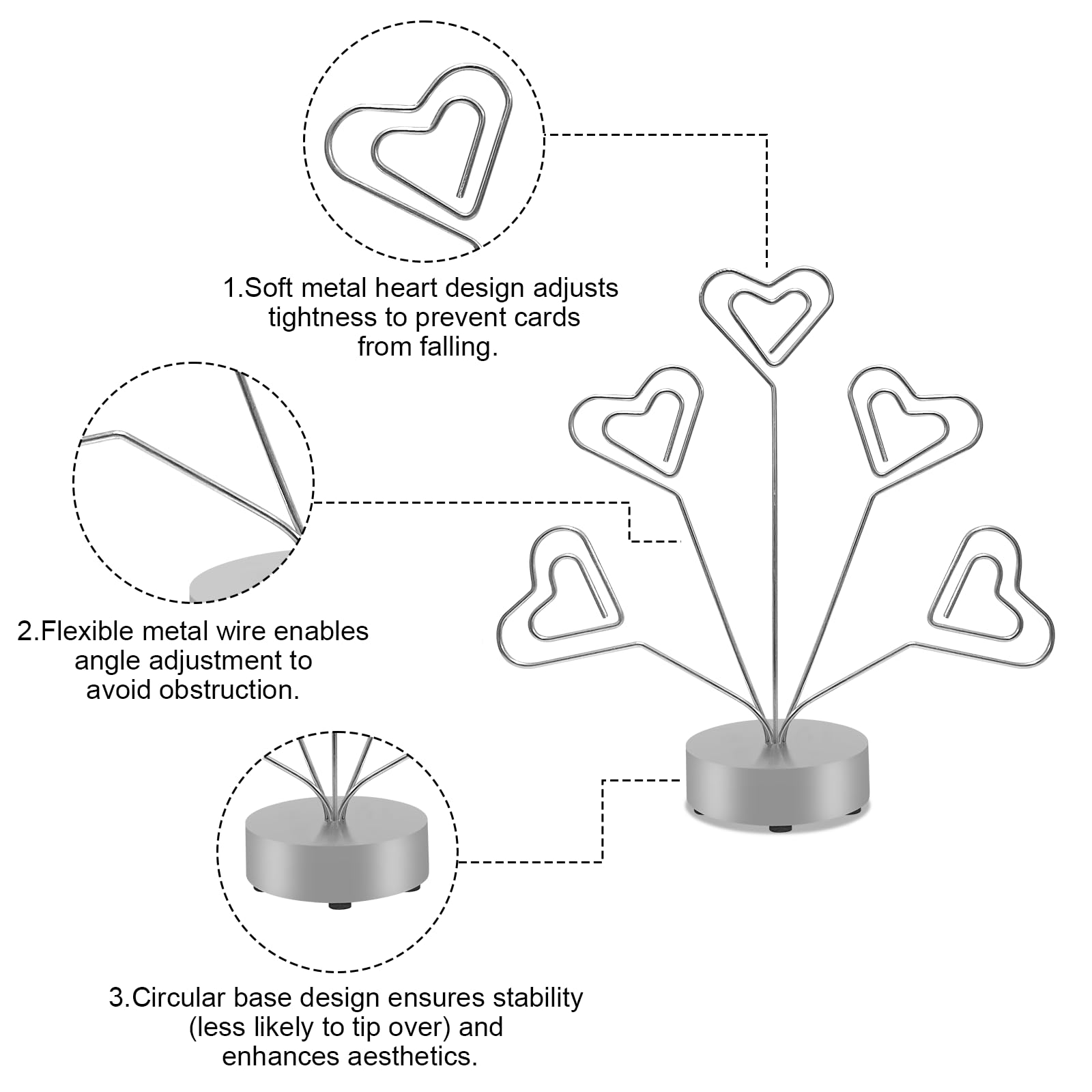 Desktop Heart-Shaped Photo Tree Style Holders Round Base,5-Branch Family Picture Frame Clips Holder Desk Card Display Stand for Christmas,Wedding, Birthday Party,Gift Silver