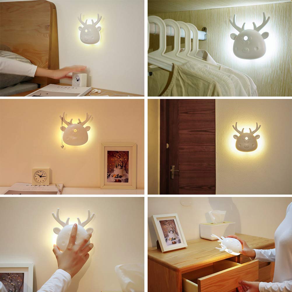 Lampada Ricaricabile a Luce Notturna da Parete per Cervi Bianchi con sensore di Movimento per la Camera da Letto dei Bambini Armadio (Luce Bianca Fredda)