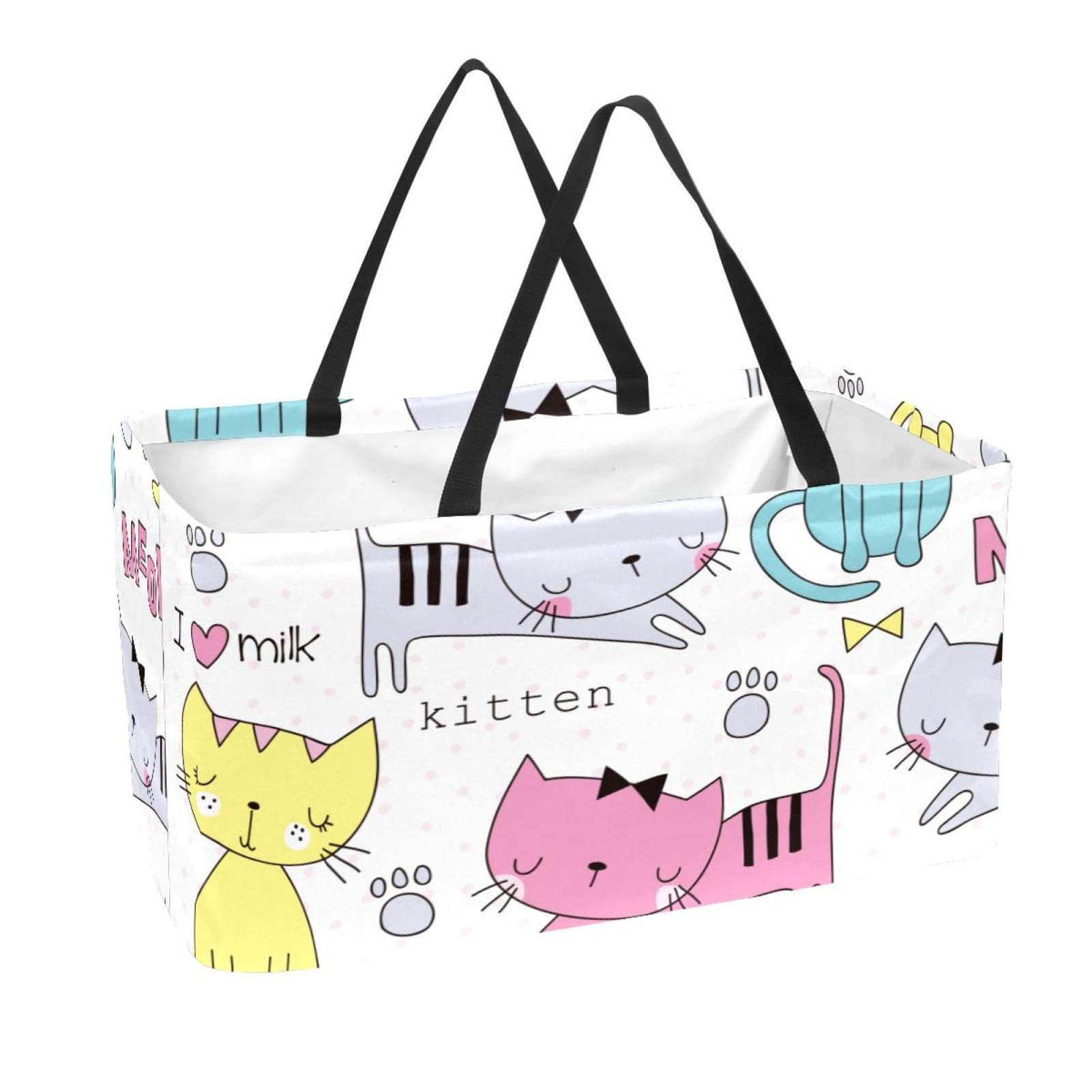 Sac de courses pliable motifs chats | Grand cabas réutilisable en tissu 56x29x32 cm