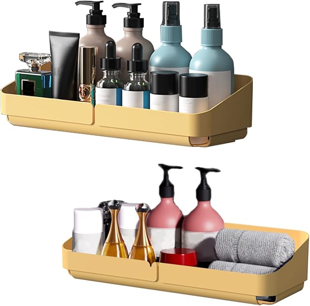 Fineget Plastic Shower Caddy Removable Adhesive Shower Shelves Large Wall Basket Shelf for Bathroom Kitchen Bathtub Rustproof No Drill Shower Storage Organizer Caddy Quick Dry Yellow 2 Pack