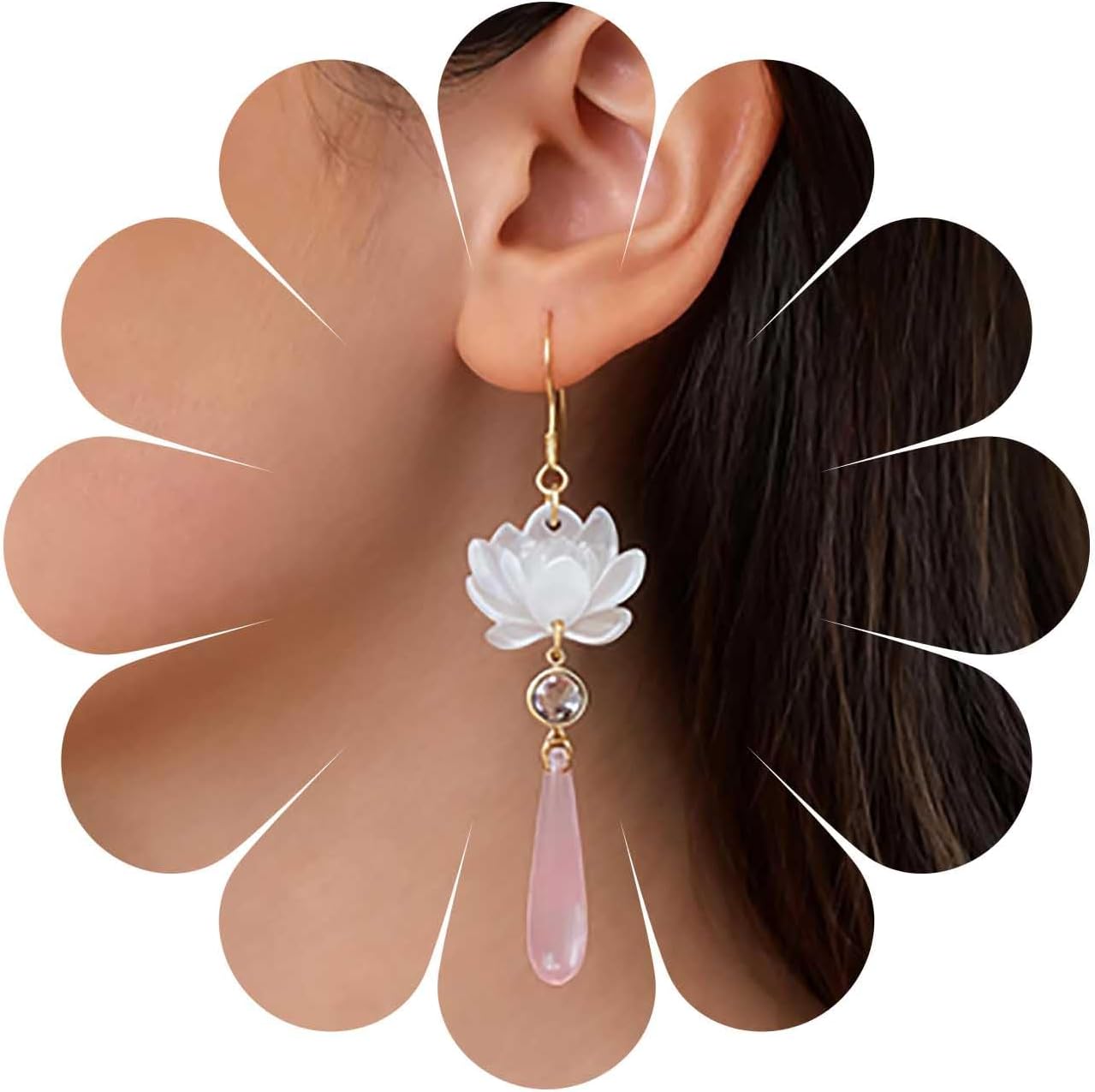 Boho Lotus Flower Dangle Earrings Long Teardrop Earring Pink Floral Drop Earrings Acrylic Waterdrop Earring Water Lily Dangle Jewelry for Women
