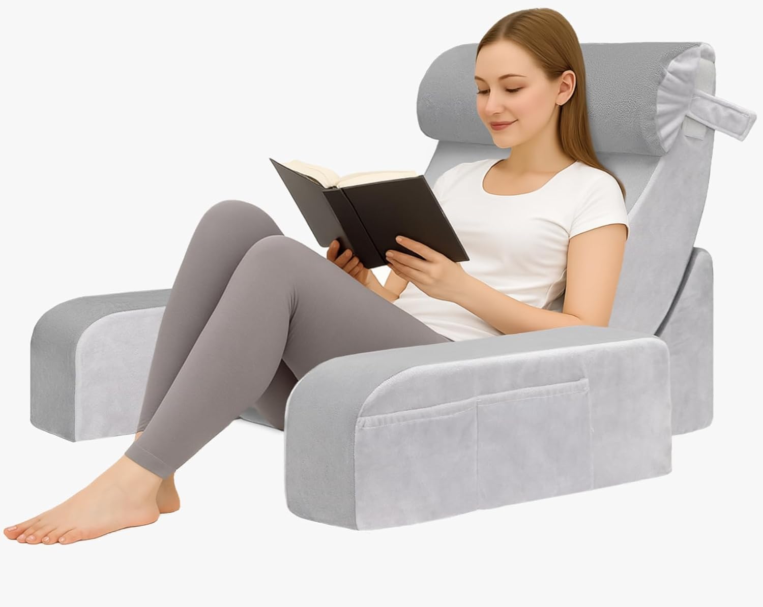 Reading Pillow for Sitting in Bed Adult, Back Support Pillow for Bed Sitting Up, Husband Pillow with Arms, Bed Pillow with Pocket for Reading/Gaming/Resting/Watching TV