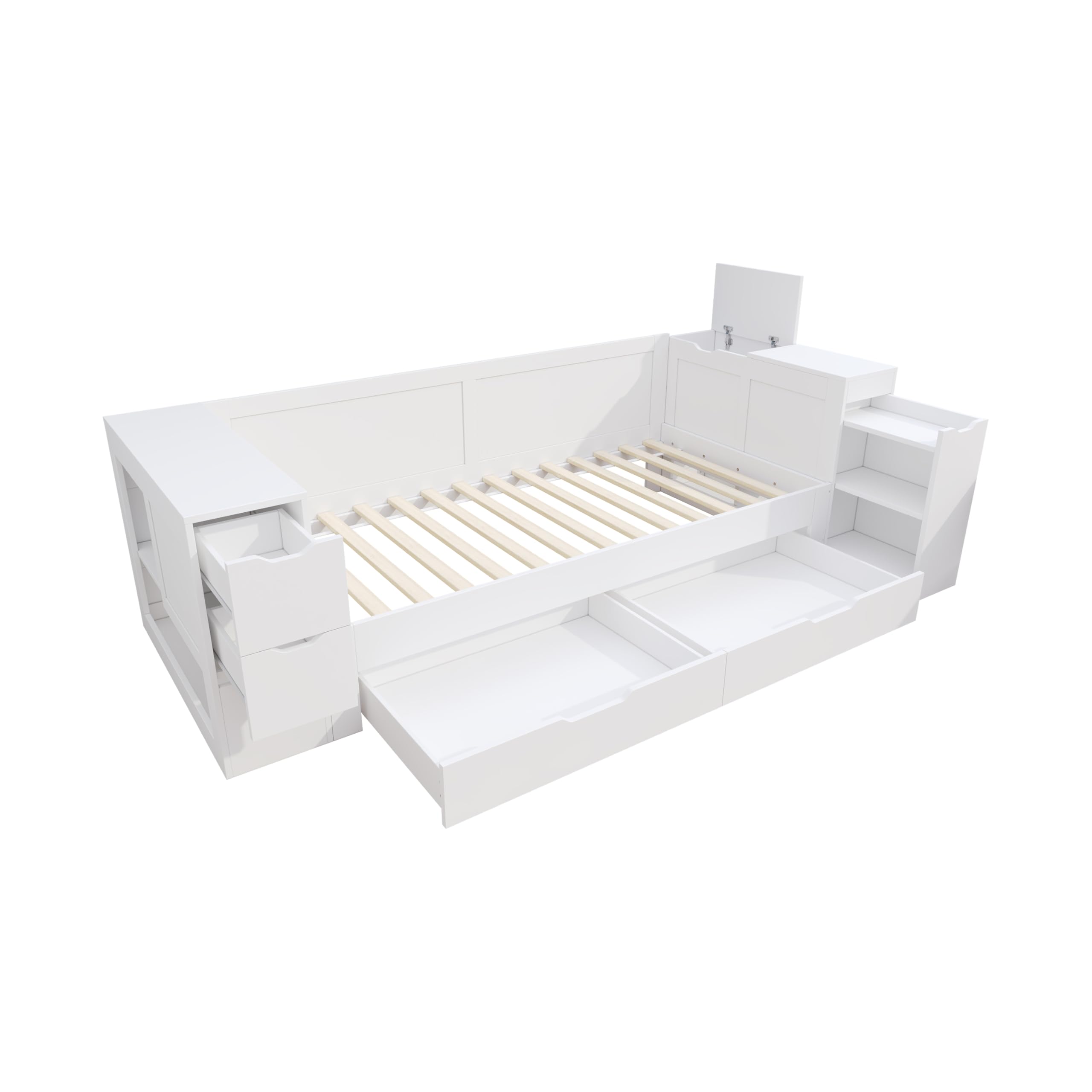 Letto singolo 90 x 200 cm, con comodino e libreria, divano letto con vano portaoggetti testiera e cassetti, letto con ripiano e rete a doghe, senza materasso, bianco