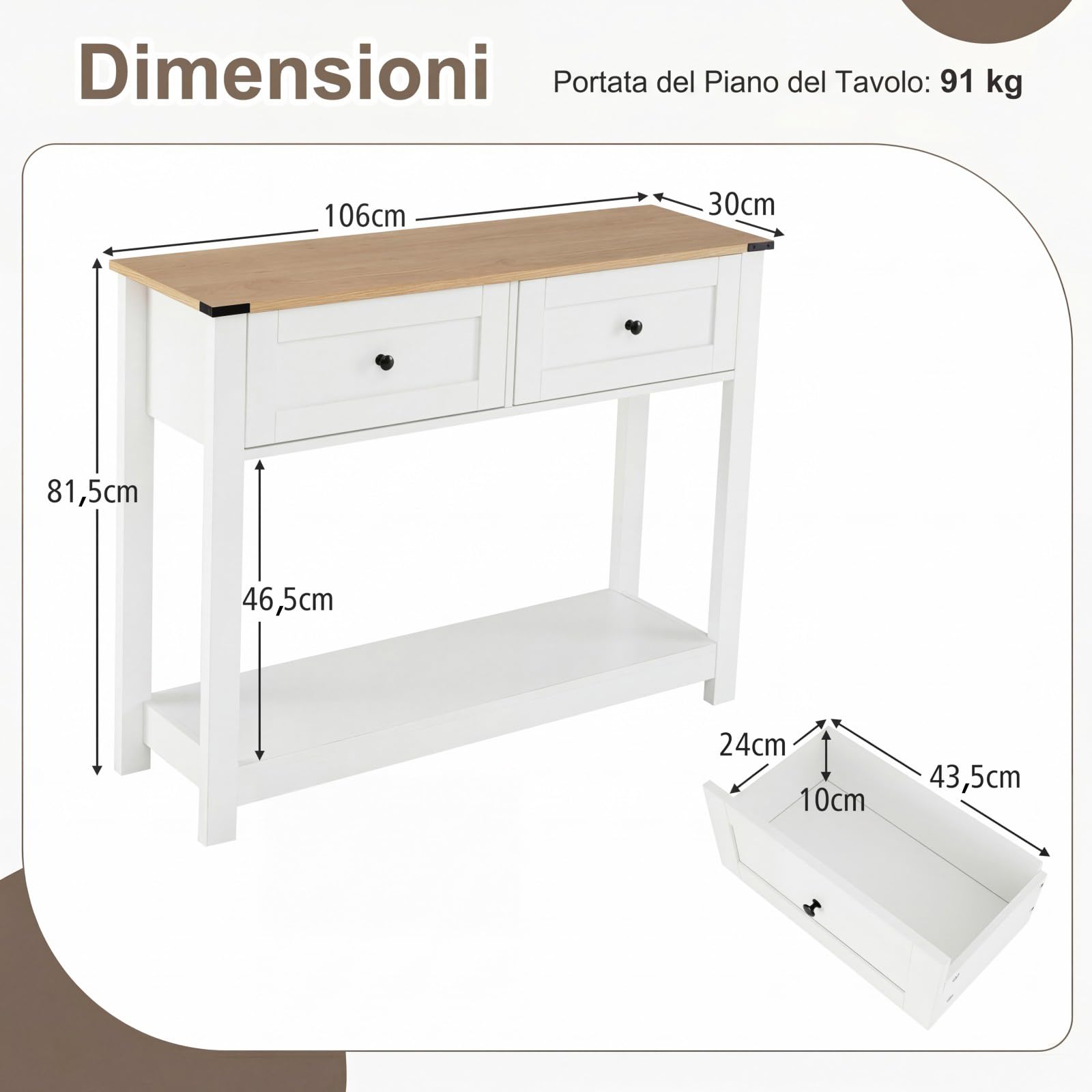 SOARS Tavolo Consolle Bianco 106 x 30 x 81,5 cm, Consolle Ingresso con 2 Cassetti e Ripiano Aperto, Tavolino Slim Salvaspazio Moderno per Soggiorno, Corridoio e Camera da Letto