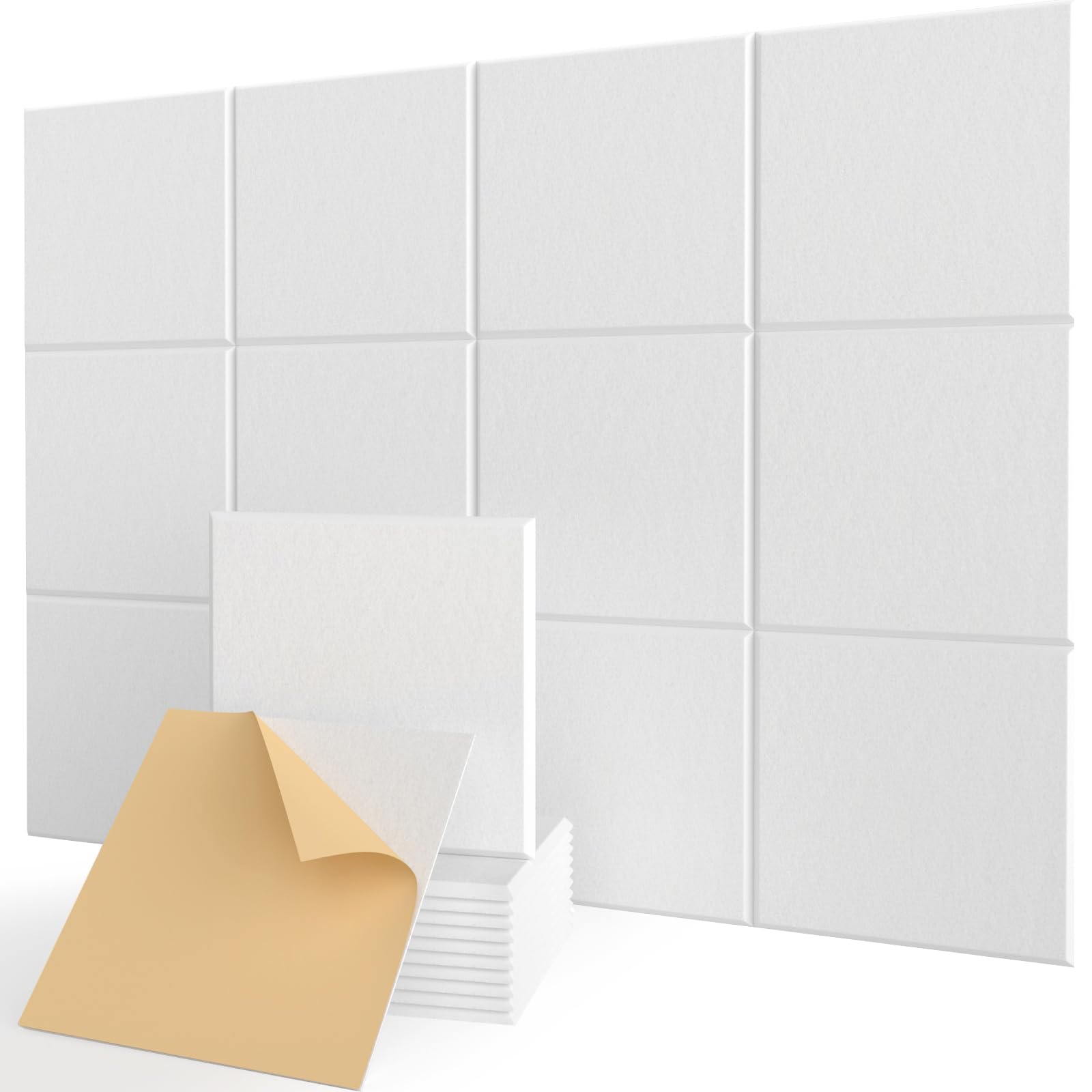 Acoustic Wall Panels Self-Adhesive, 12 Pcs Sound Absorbing Panels for Studio, Bedroom, Living Room, Office, Gaming, Ceiling, Door Acoustic Treatment, White, 12" X 12" X 0.4"
