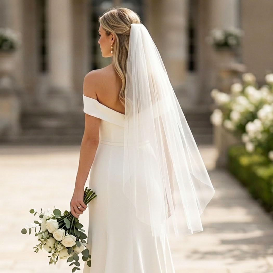 Yean Bridal Veil Fingertip Length Veils 1 tier White Wedding Tulle Veil with Comb for Bride and Women