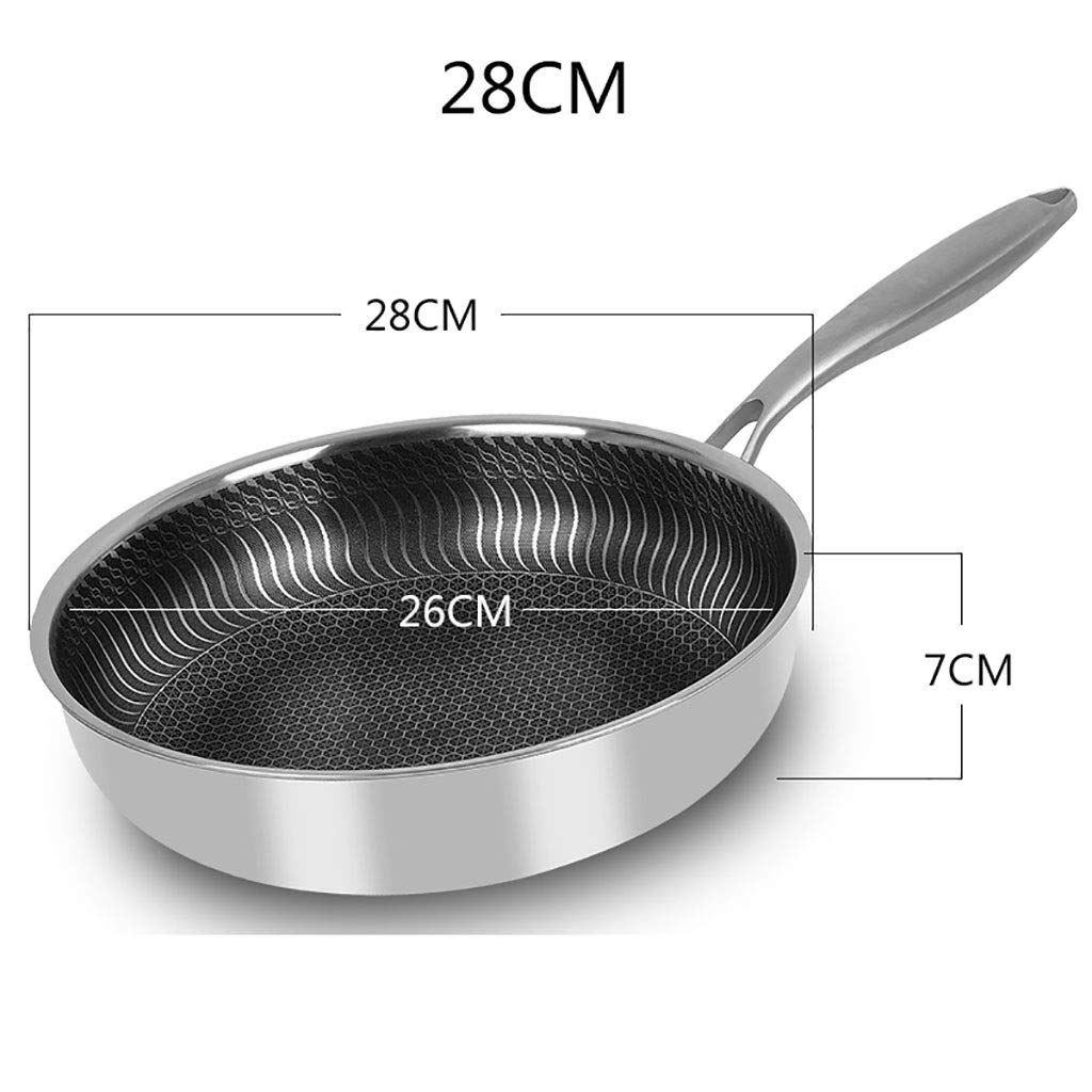 SH-chaoguo Fry Wok/Frying Pan/Uncoated Non-Stick Pan/304 Stainless Steel Cooking Pan (26/28/30cm), for Induction Cooker, Gas Stove (Size : 28cm)