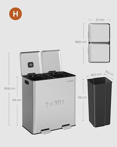 SONGMICS Cestino da Cucina, 2 x 30 L, 2 Scomparti, Pedali, Acciaio - 4
