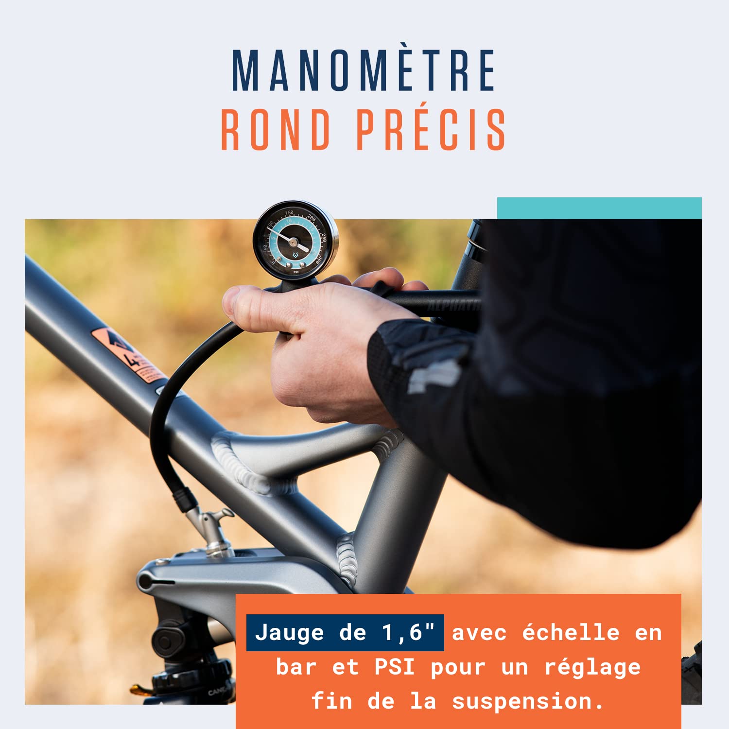 Alphatrail Pompe Amortisseur Bob - pour Tous Les amortisseurs et fourches 300 PSI / 20,7 Bar Pression Max. I Valve à 2 étages I Grand Manomètre (Ø40mm) I Pompe Haute Pression pour RockShox, Fox etc