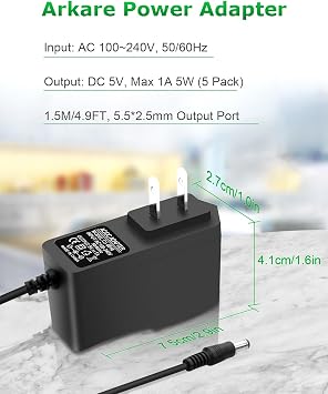 5V 1A DC Power Supply Adapter 5W AC/DC Charger AC 100V-240V to D C 5 Volt 1Amp 0.5A Replacement Power Cord for Security Camera Baby Monitor Graco Swing TV Box Raspberry Pi Type C with 8TIPS