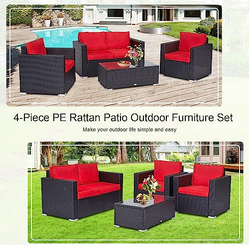 Ide·o 4 Piece Furniture Sofa Set - 4 Piece Patio Outdoor Furniture Sets,Rattan Wicker Sectional Sofa With Tea Table&Soft Cushions (Maple Red) #TOP3