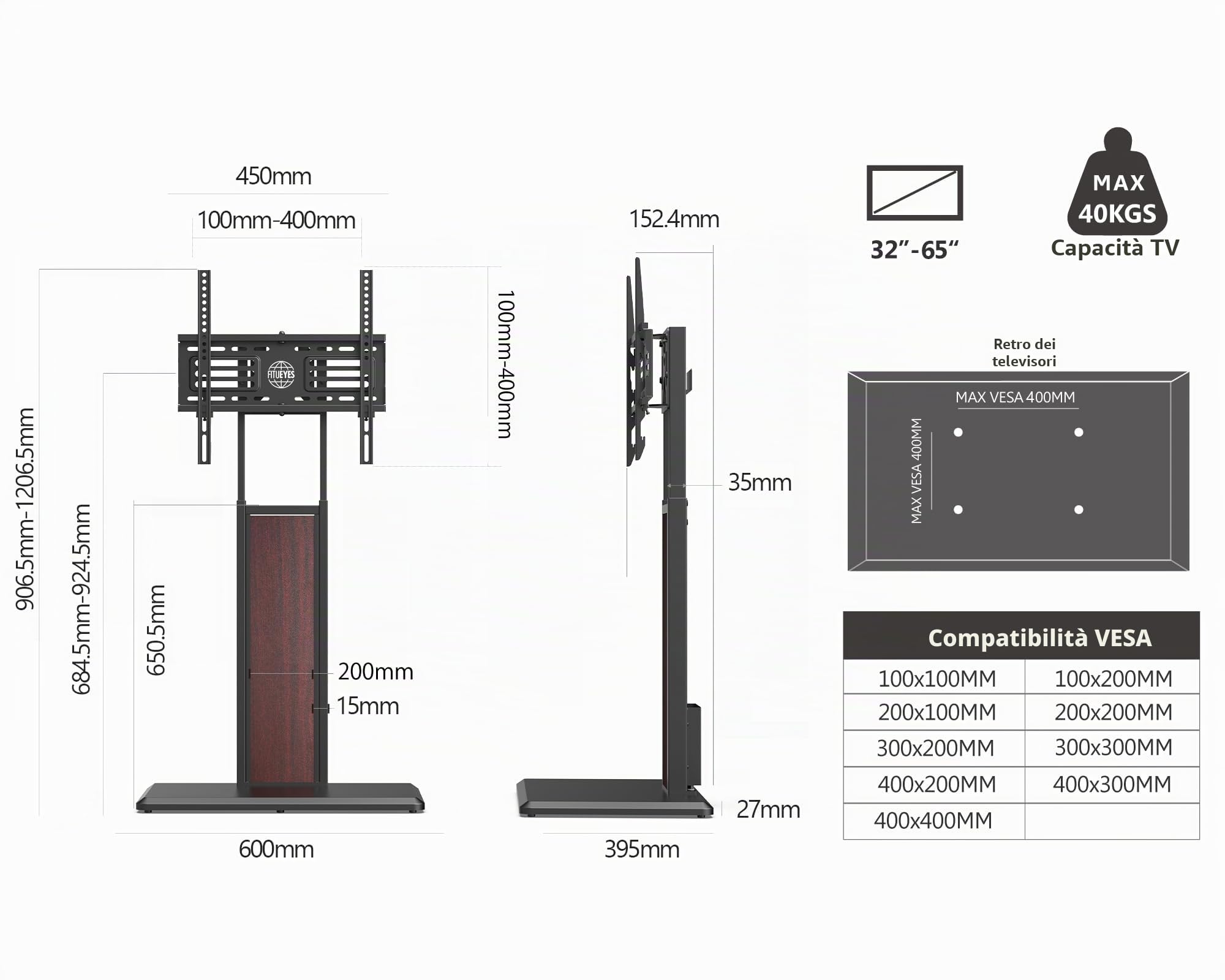 FITUEYES Supporto per TV con ripiano in legno, adatto per televisori di grandi dimensioni, regolabile in altezza, orientabile per 32-65 pollici fino a 40 kg max. VESA 400 x 400