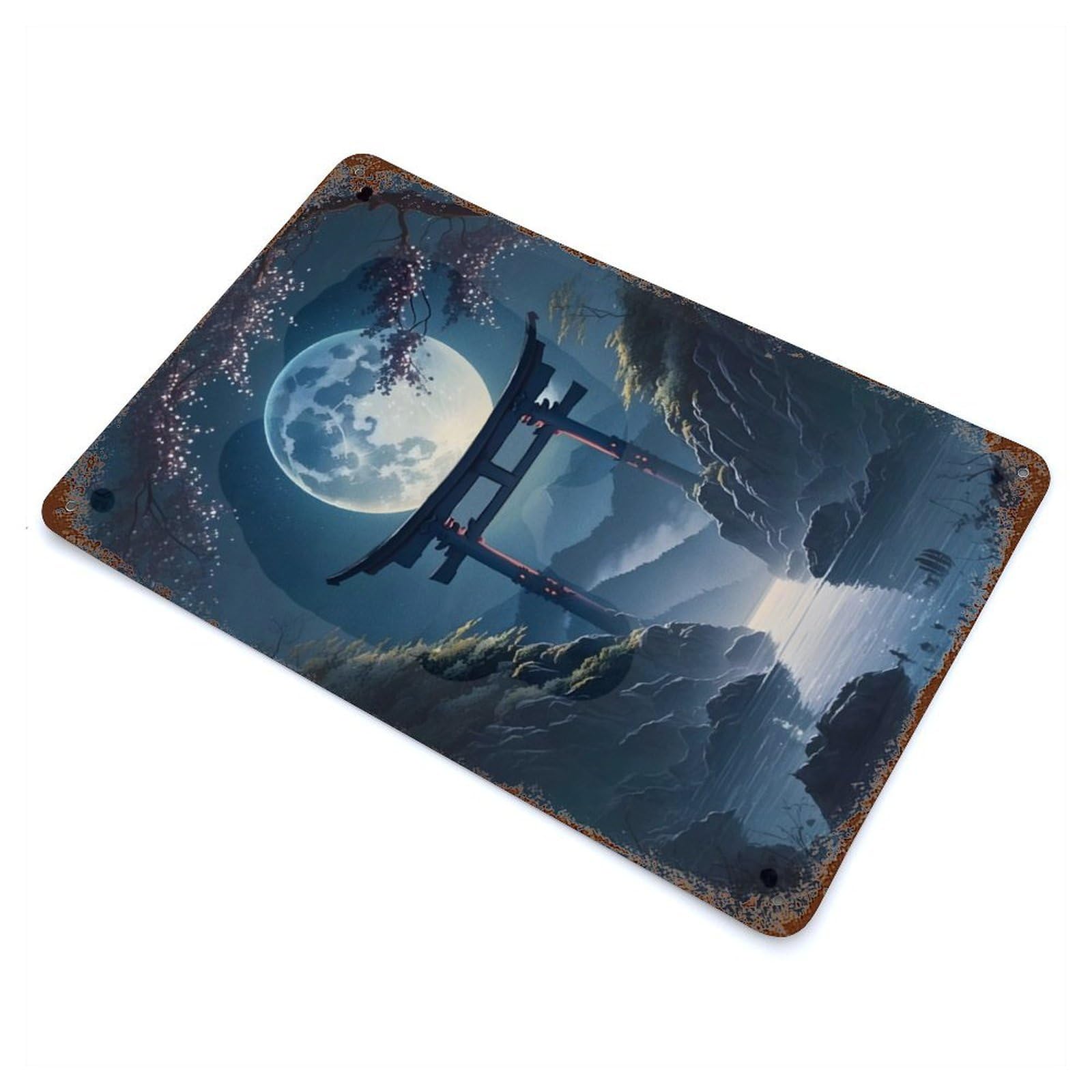Moonlight in Torii Gate Rustic Tin Plaque 11.8"x7.9", for Living Room, Hallway And Home Decor, Decorative Metal Wall Art