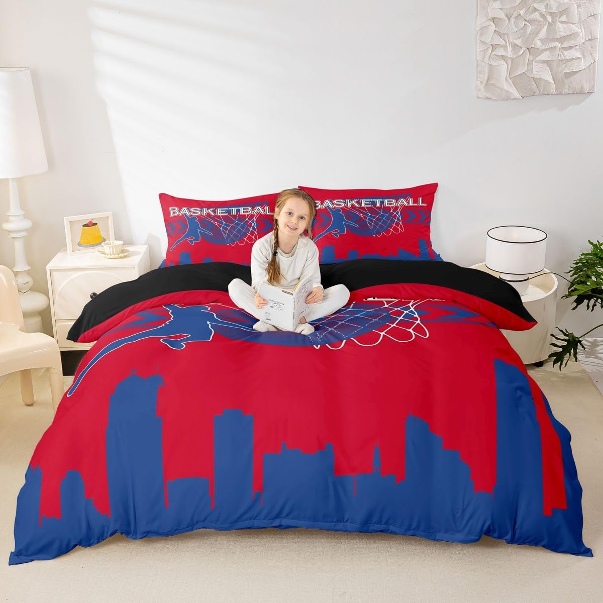 Basketball Duvet Cover Set Full Size,Basketball Athlete Modern Sports Ball Game Red Blue Bedding Set,Boys Teens Room Decor,American City Silhouette Detroit Quilt Cover,No Comforter
