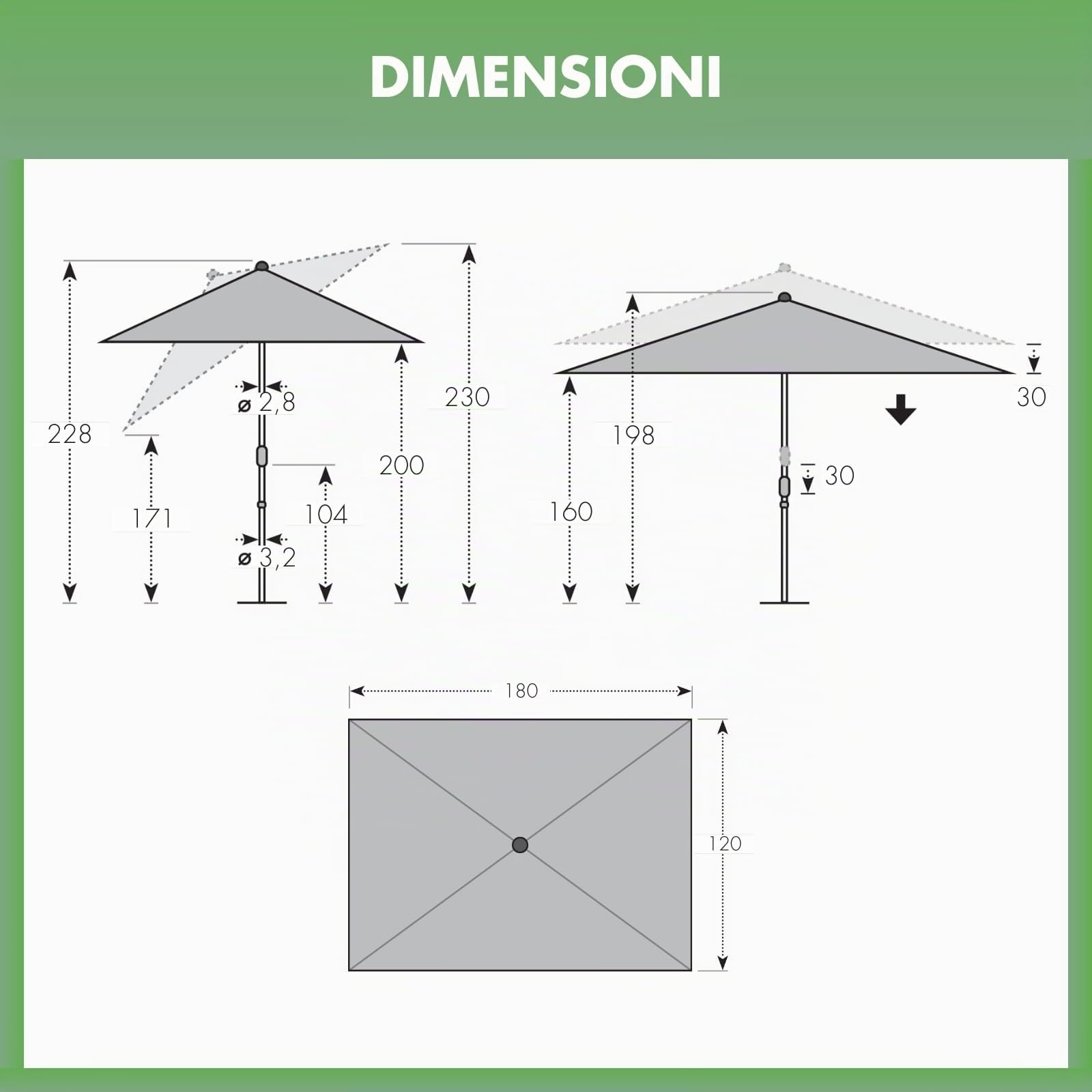 Doppler Parasole Rethink I 180x120cm al naturale I inclinabile per balcone e terrazza I sostenibile I con apertura a mano I Con copertura