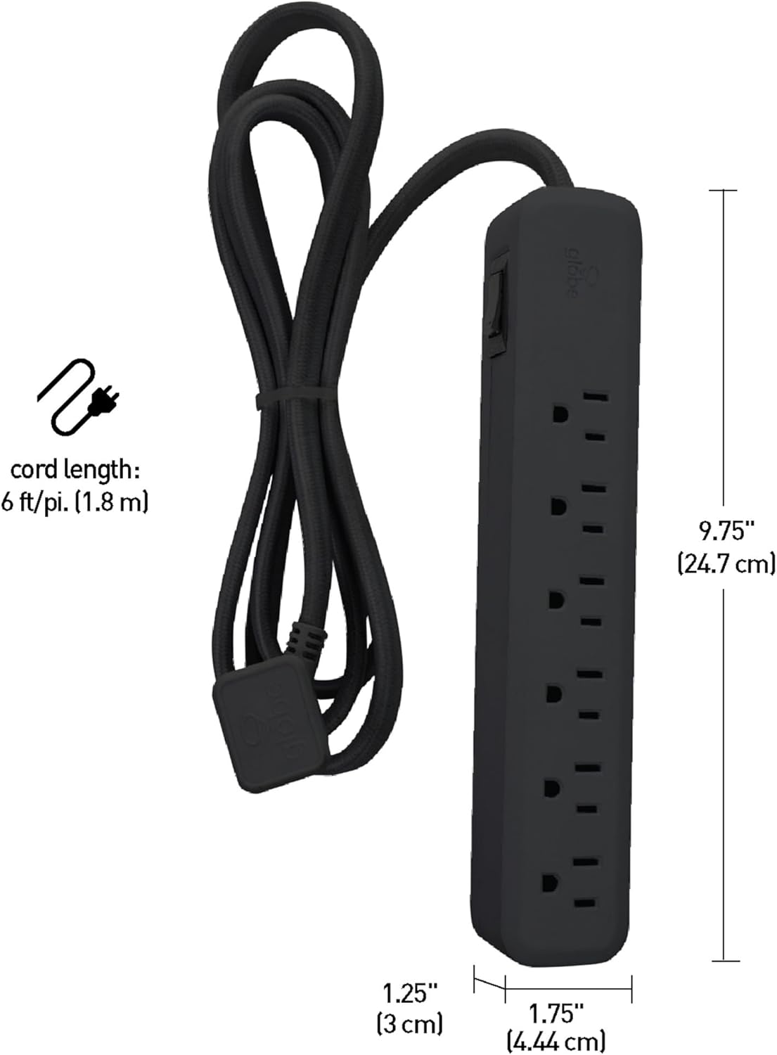 Globe Electric Designer Series 6ft 6-Outlet Power Strip, Circuit Breaker Switch, Right Angle Space Saving Plug, Black Finish,78438
