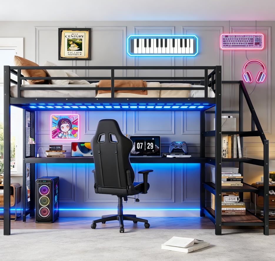 Image of Bellemave Twin XL loft Bed with Desk and Storage Stairs, Shelves, Metal Twin XL Loft Beds with LED Lights, USB Ports, Multifunctional Iron Nets for Adults, Kids, Teens, Black