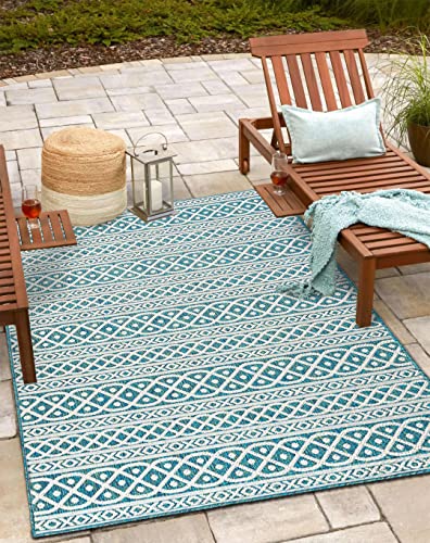 Rugbuggery Indoor Outdoor Anti-Fade Moroccan Boho Panel Area Rug 8'X10' Ocean Blue (Bohemian, Southwestern, Transitional, Pet Friendly, Non Shedding, Stain Resistant) #TOP19