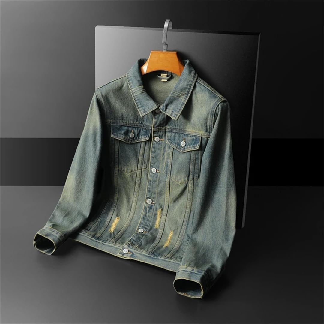 Męski sprany retro niebieski płaszcz dżinsowy motocykl streetwear kurtka dżinsowa