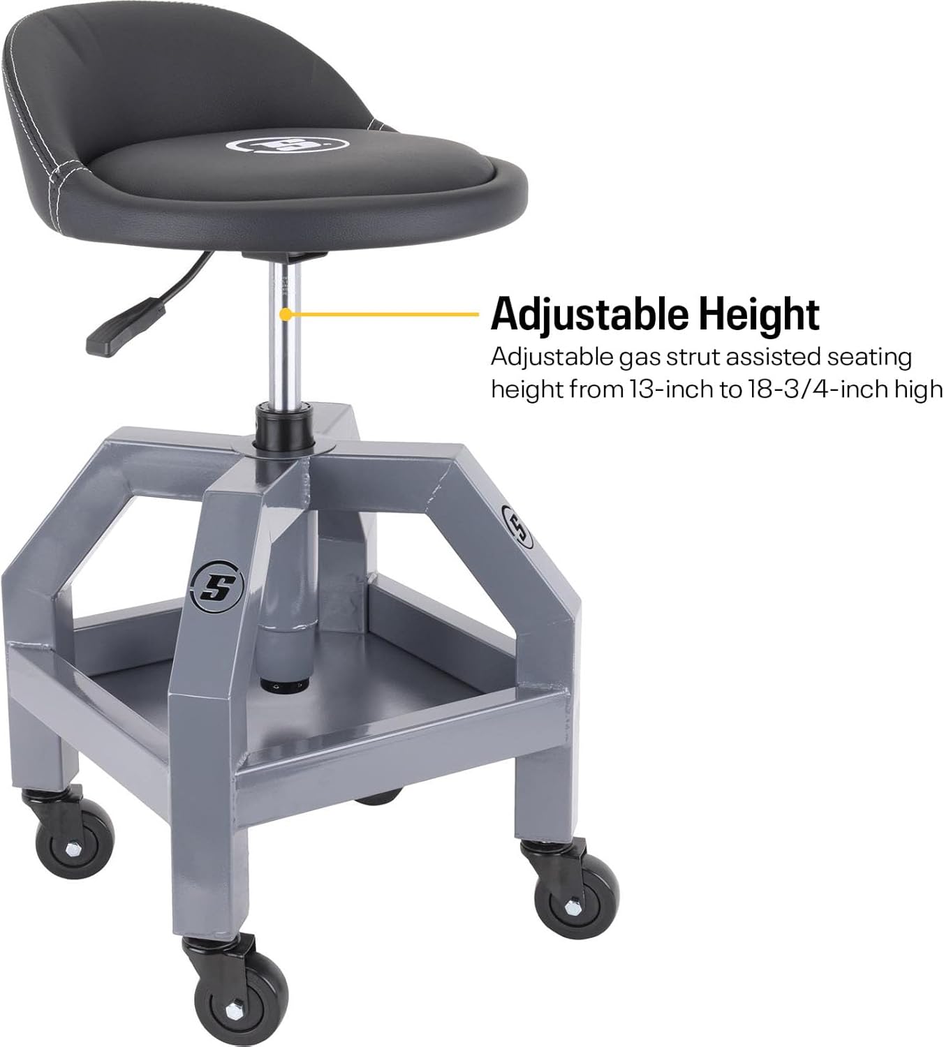 Speedway Motors Adjustable Height Rolling Shop Stool with Tool Tray, Heavy Duty Welded Steel Frame, 3-Inch Ball Bearing Casters, Padded Leather Seat with Backrest, 330 lb Capacity