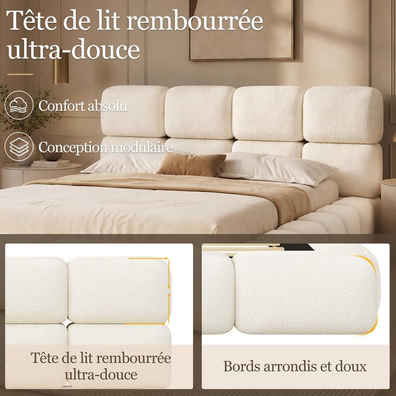 Zepneiy Lit 180x200 en rondeur avec Sommier à Lattes, Lit Nuage avec Une tête de lit rembourrée 12 cm d'épaisseurr, Bouclé Blanc(sans Matelas)