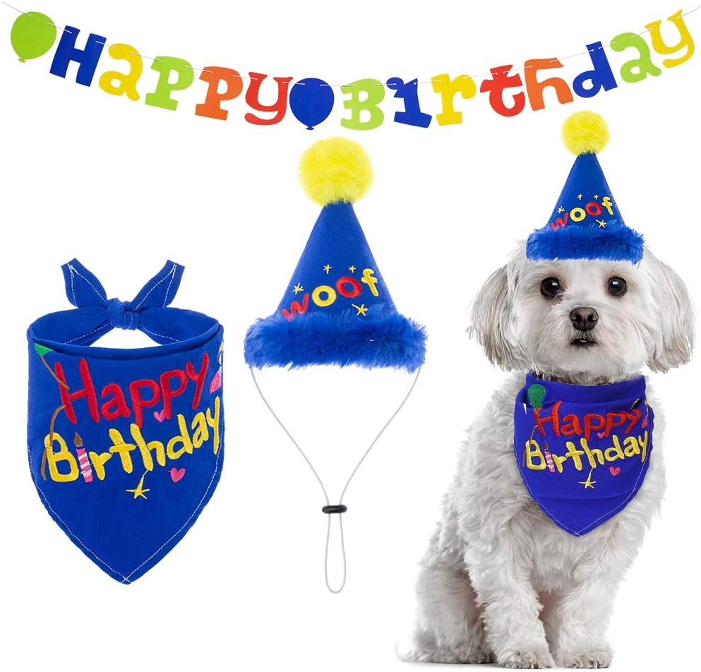Dog Birthday Bandana with Hat & Flag - Dog Happy Birthday Party Supplies - Birthday Decorations Set for Pets