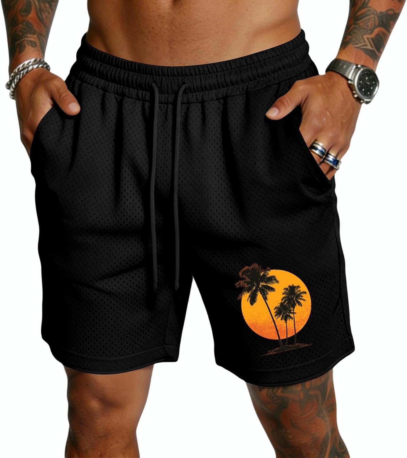 Ymosrh Men's Casual Shorts Elastic Waist Drawstring Hawaiian Palm Tree Print Beach Vacation Shorts with Pockets S-3XL