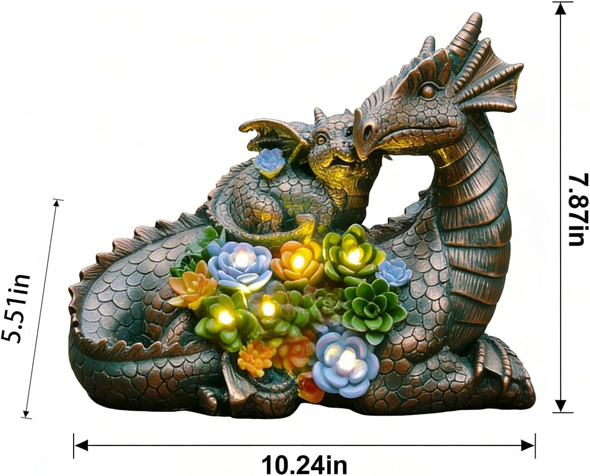 JOYBEE Dragon Solar Garden Statues Outdoor Decoration with Succulent and 6 LED Lights,Dragon Figurine Solar Lights Lawn Décor,Outside Statue Ornament for Patio, Balcony, Yard,Unique Gift for Mom
